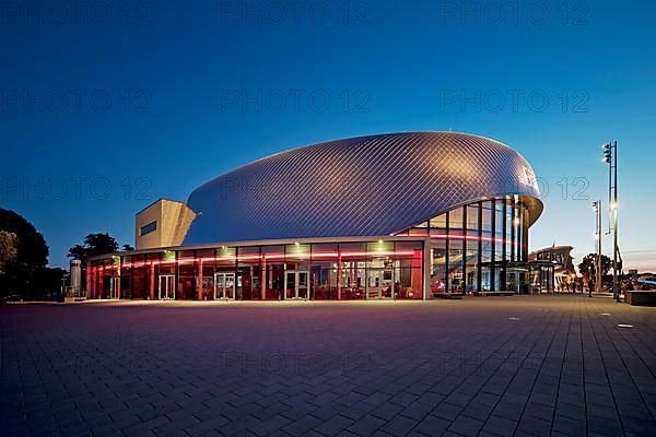 Illuminated Stage Theater on the Elbe in the evening