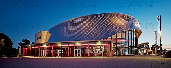 Illuminated Stage Theater on the Elbe in the evening