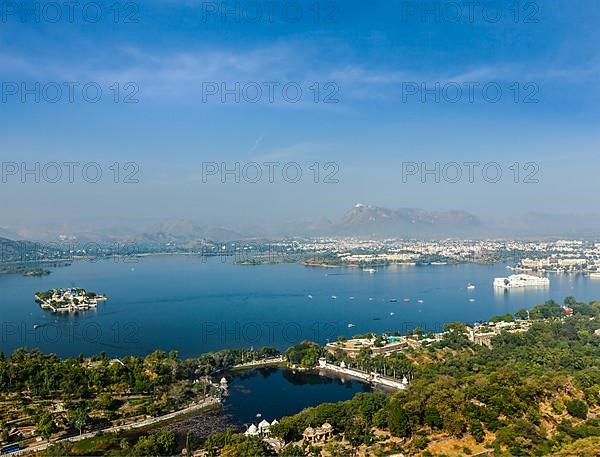 Aerial view of Lake Pichola with Lake Palace