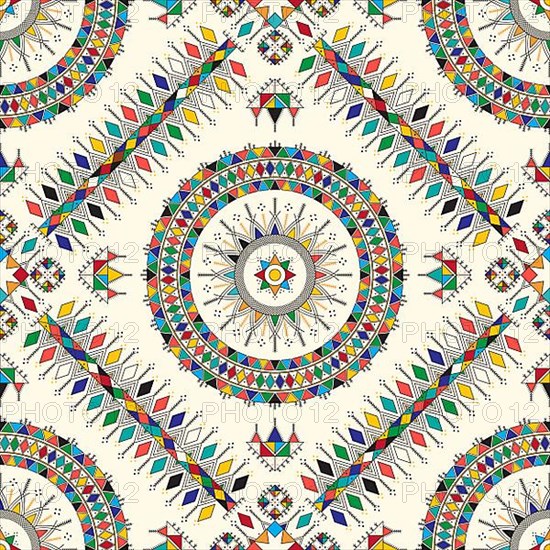 Decorative geometric repeating pattern inspired by Al-Qatt Al-Asiri traditional paintings