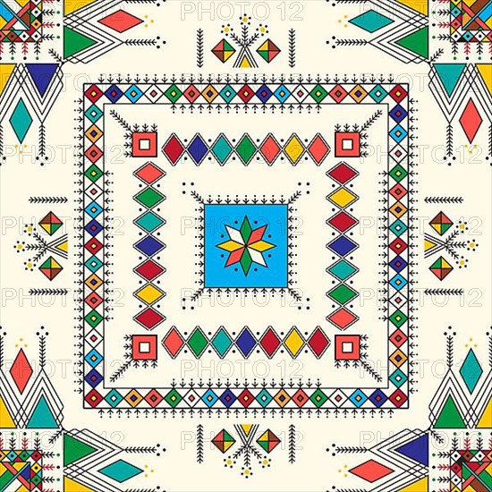 Decorative geometric repeating pattern inspired by Al-Qatt Al-Asiri traditional paintings