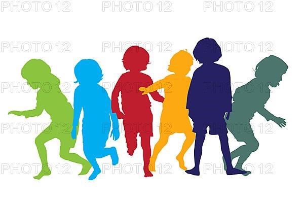 Silhouettes of children playing and running in colors