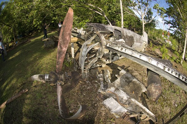 Propeller and bomb on the wing of a wrecked World War II aircraft