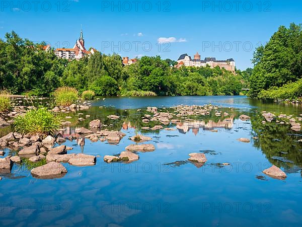 Mildenstein Castle and the town of Leisnig above the river Freiberger Mulde