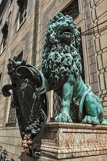 Bavarian lion statue at Munich Alte Residenz palace in Odeonplatz. Munich