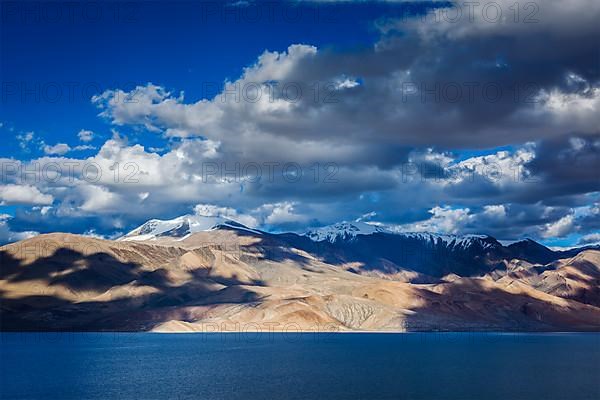 Himalayan mountain lake in Himalayas Tso Moriri on sunset