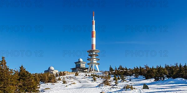 Summit of the mountain Brocken in the Harz with snow in winter Panorama at the Brocken