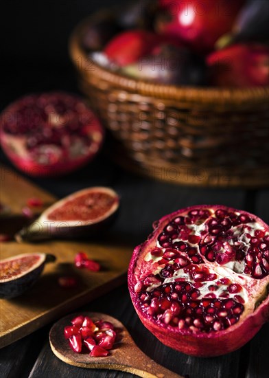 High angle autumn figs pomegranate