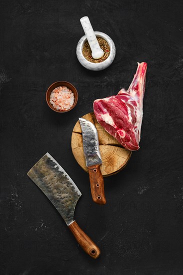 Overhead view of raw lamb leg cut