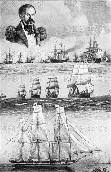 Admiral Brommy and the German Fleet of 1848. Below the first Prussian warship