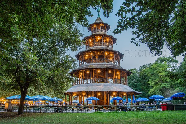 Beer garden at the Chinese Tower in the English Garden at dusk