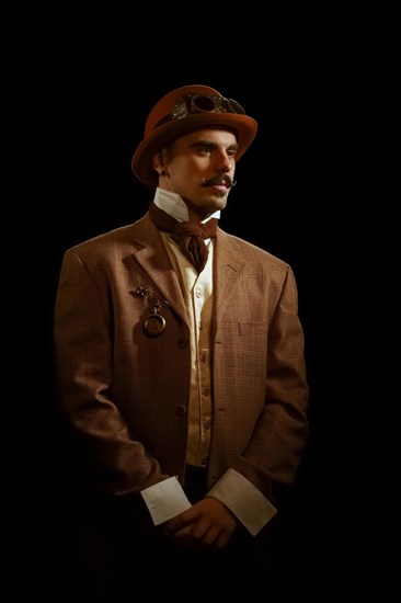 Portrait of steampunk man in hat and glasses. Photo contains strong noise due to low light and high ISO