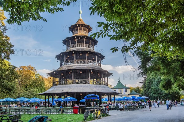 Beer garden at the Chinese Tower in the English Garden in the evening sun