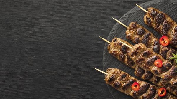 Top view tasty kebab plate with copy space. Resolution and high quality beautiful photo