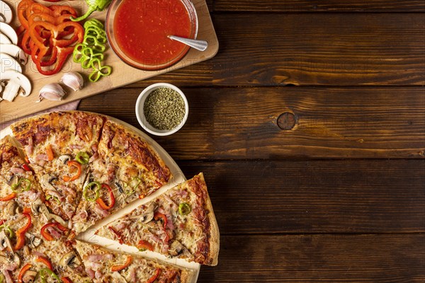 Top view pizza with red pepper tomato sauce with copy space. Resolution and high quality beautiful photo