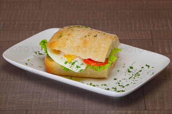 Ciabatta panini sandwich with chicken and tomato. Sandwich stuffed with sausage