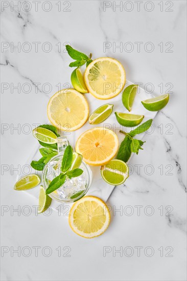 Overhead view of glass with lemon