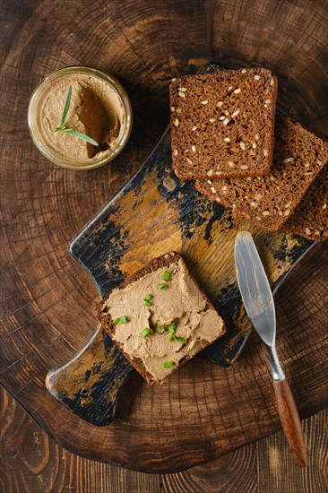 Overhead view of sandwich with wild deer liver pate
