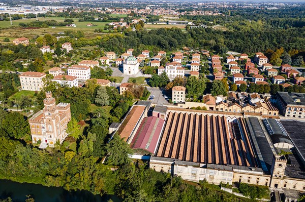 Aerial of the Unesco world heritage site "company town". Crespi dÂ´Adda