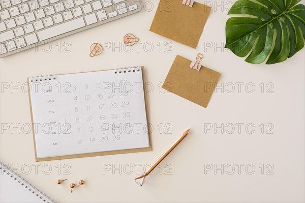 Flat lay desk calendar with monstera leaf