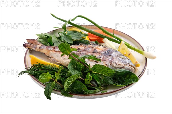 Fried dorada on plate isolated on white background
