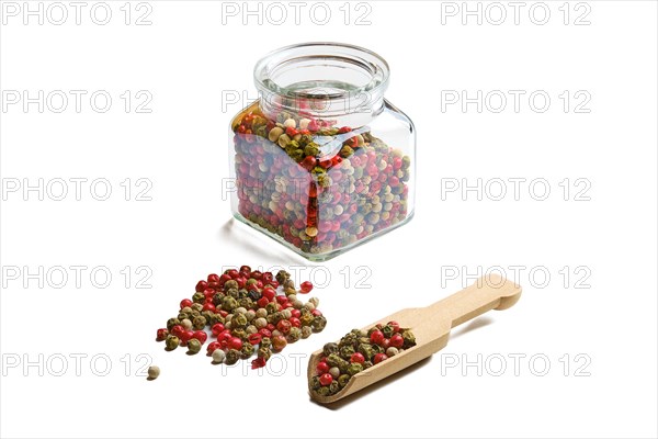 Heap of different types of dry pepper on white background
