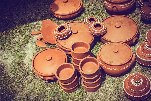 Traditional clay pottery for sale at the market