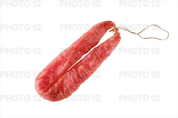 Top view of smoked dried turkey sausage isolated on white background