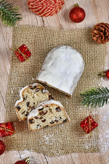 Top view of traditional German christmas season sweet food called Stollen or Christstollen
