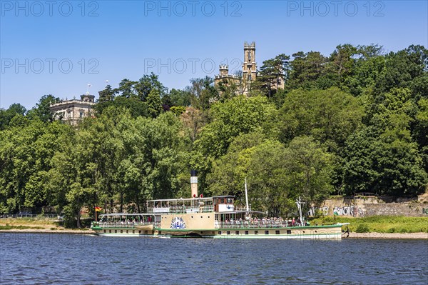 Paddle steamer in front of the Elbe castles Lingnerschloss and Schloss Eckberg on the Elbe