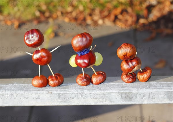 Three chestnut figures with grapes in the evening light