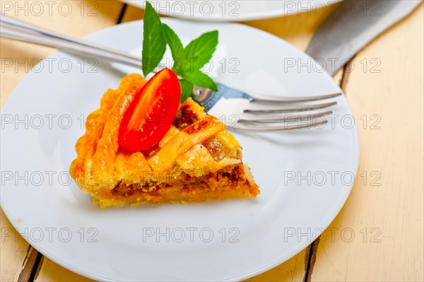 Fresh baked home made beef pie macro closeup