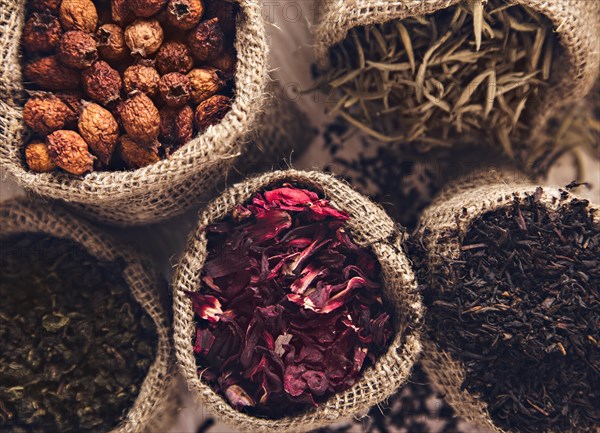 Collection of different varieties of tea in bags. White