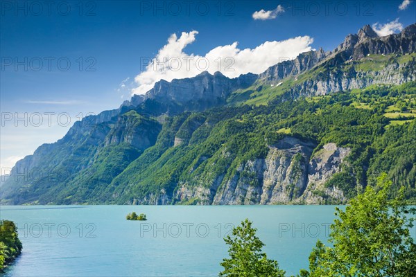 Sunny view over Lake Walen with the small chive island in the turquoise water at the foot of the Churfirsten and the mountain massifs Schaeren and Leistchamm in the background