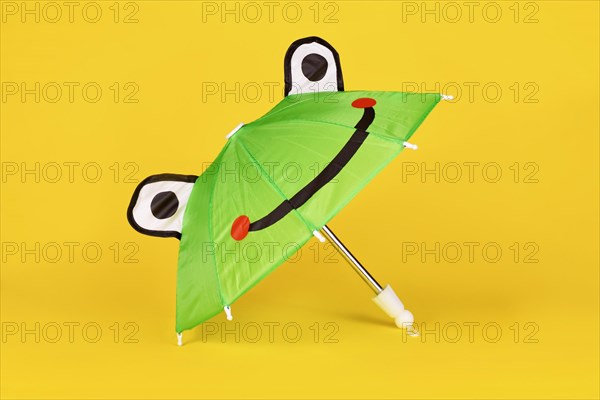Cute green doll rain umbrella with frog face on yellow background