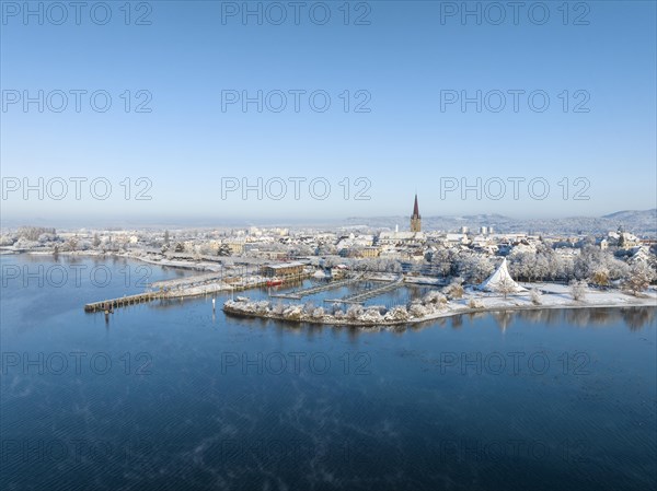 Aerial view of the town of Radolfzell on Lake Constance in winter with the harbour pier and Waeschbruckhafen