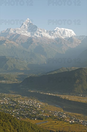 View of the Annapurna mountain range in the Himalayas from Sarangkot
