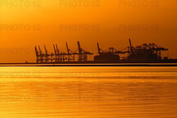 Gantry cranes at container terminal in the seaport of Le Havre silhouetted against sunset