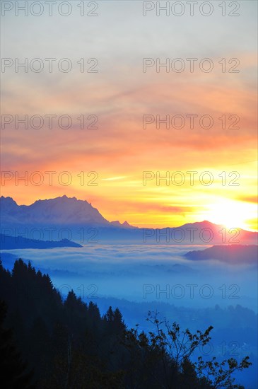 View from the high plateau of Hagspiel in the Allgaeu near Oberstaufen to the massif of the Saentis