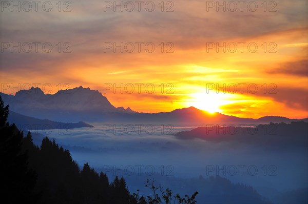 View from the high plateau of Hagspiel in the Allgaeu near Oberstaufen to the massif of the Saentis