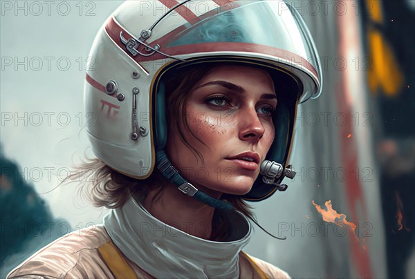 Woman wearing helmet smoking cigarette