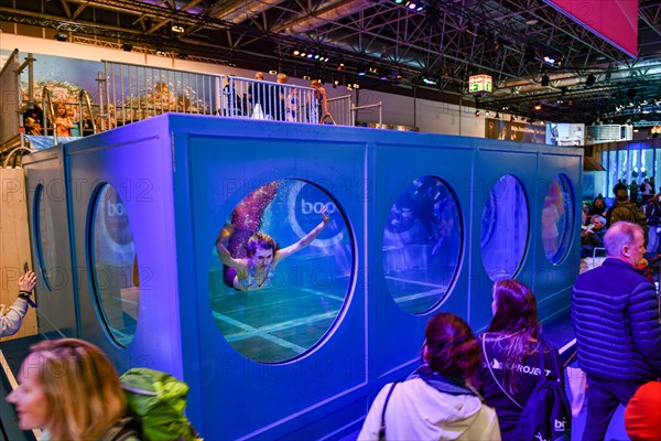 Diving pool for trial diving and mermaid swimming n Exhibition hall of water sports fair boot