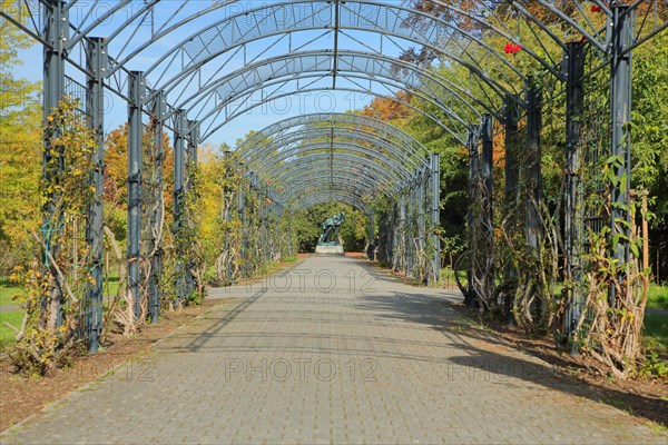 Arcade in Roseninsel with view of sculpture and monument