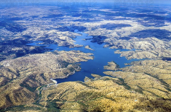 Aerial view of the Embalse de Montoro 1 reservoir in the Sierra Madrona