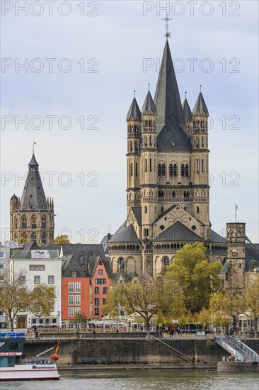 View from the Rhine bank Cologne Deutz over the Rhine to Romanesque church Gross St. Martin