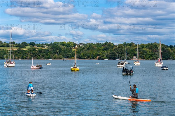 People on Paddle Boards and Yachts on River Dart over Dittisham and Greenway Quay