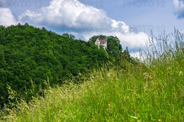 Landscape of the Swabian Alb with a view of Uhenfels Castle near Seeburg between Bad Urach and Muensingen