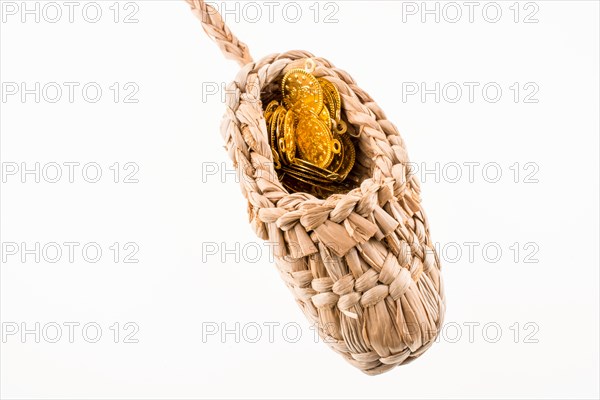 Fake gold coins in straw shoe on green grass