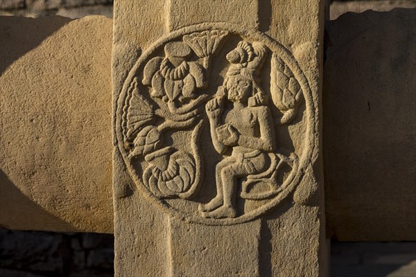 Detailed decorative carving on the balustrade of Stupa 2. Buddhist Monuments at Sanchi. UNESCO World Heritage Site. Sanchi