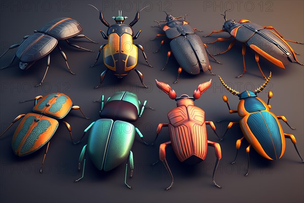 Collection of hand drawn bugs or beetles. Ai generated art